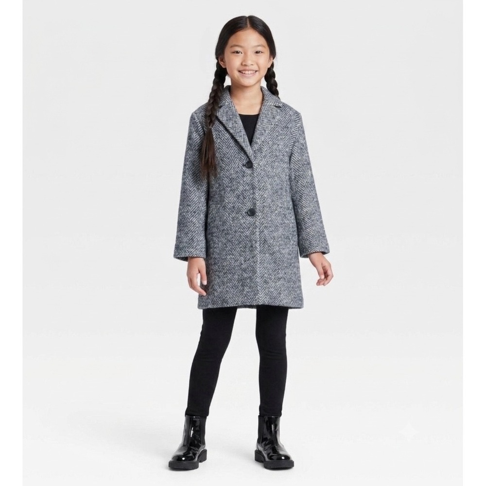 Cat & Jack Kids black/white Herringbone Faux Wool Coat Jacket Med 7-8 Longline